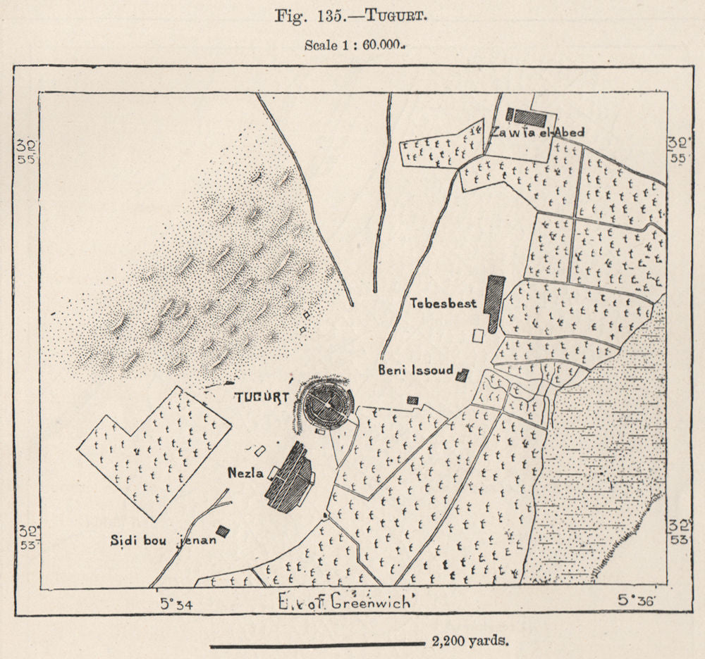 Touggourt, Ouargla, Algeria 1885 old antique vintage map plan chart